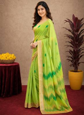 parrot lilen print work 1 minute ready to wear saree with unstitched blouse piece 3