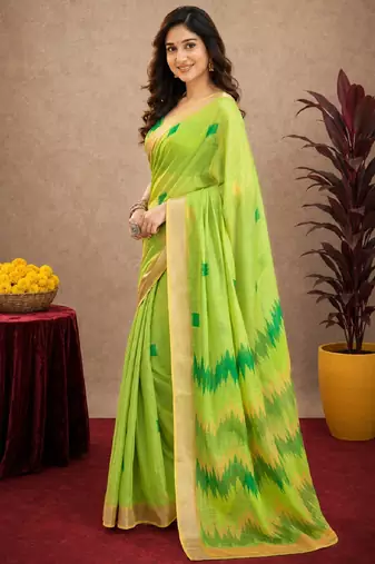 parrot lilen print work 1 minute ready to wear saree with unstitched blouse piece