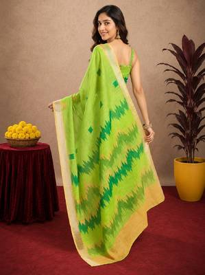 parrot lilen print work 1 minute ready to wear saree with unstitched blouse piece 4