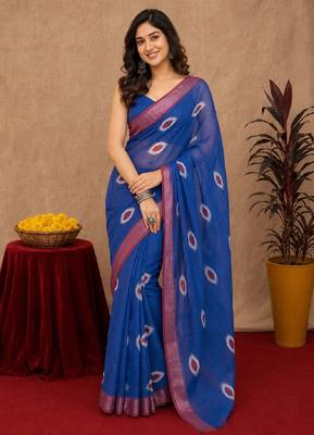 blue lilen print work 1 minute ready to wear saree with unstitched blouse piece 1
