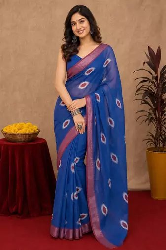 blue lilen print work 1 minute ready to wear saree with unstitched blouse piece