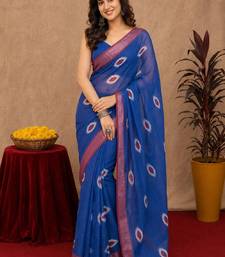 blue lilen print work 1 minute ready to wear saree with unstitched blouse piece