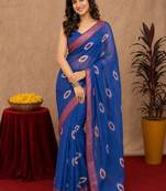 blue lilen print work 1 minute ready to wear saree with unstitched blouse piece