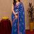 blue lilen print work 1 minute ready to wear saree with unstitched blouse piece