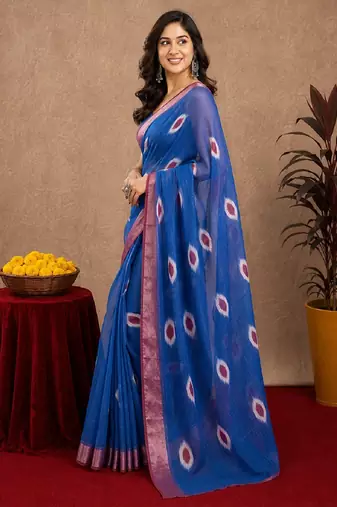 blue lilen print work 1 minute ready to wear saree with unstitched blouse piece