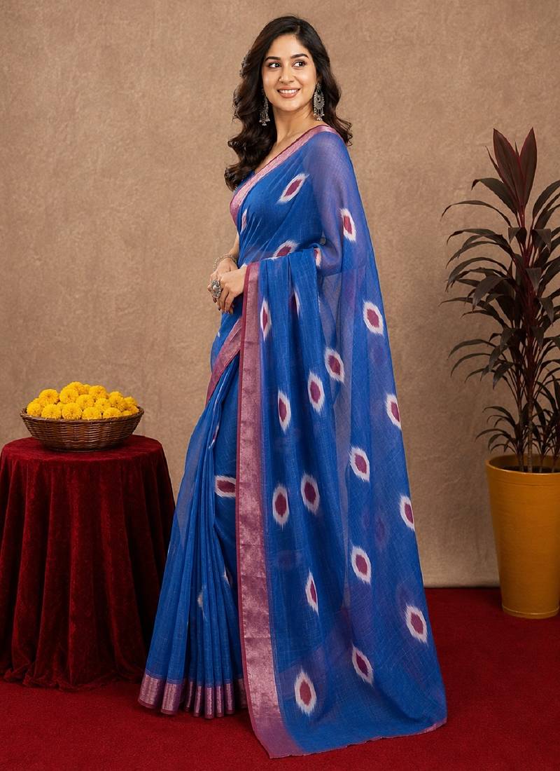 blue lilen print work 1 minute ready to wear saree with unstitched blouse piece