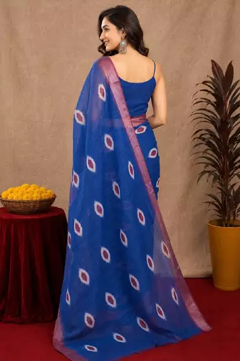 blue lilen print work 1 minute ready to wear saree with unstitched blouse piece