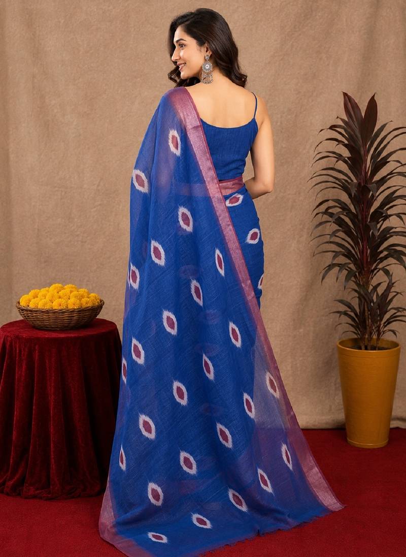 blue lilen print work 1 minute ready to wear saree with unstitched blouse piece
