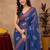 blue lilen print work 1 minute ready to wear saree with unstitched blouse piece