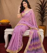 lavender lilen print work 1 minute ready to wear saree with unstitched blouse piece