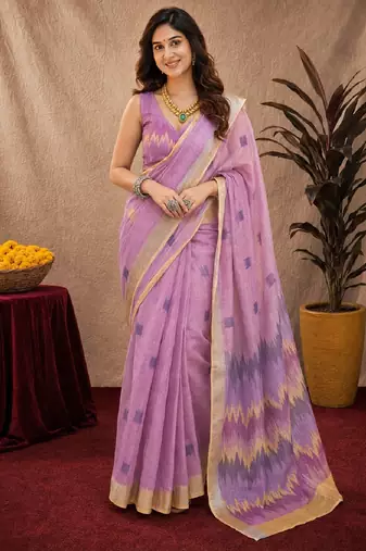 lavender lilen print work 1 minute ready to wear saree with unstitched blouse piece