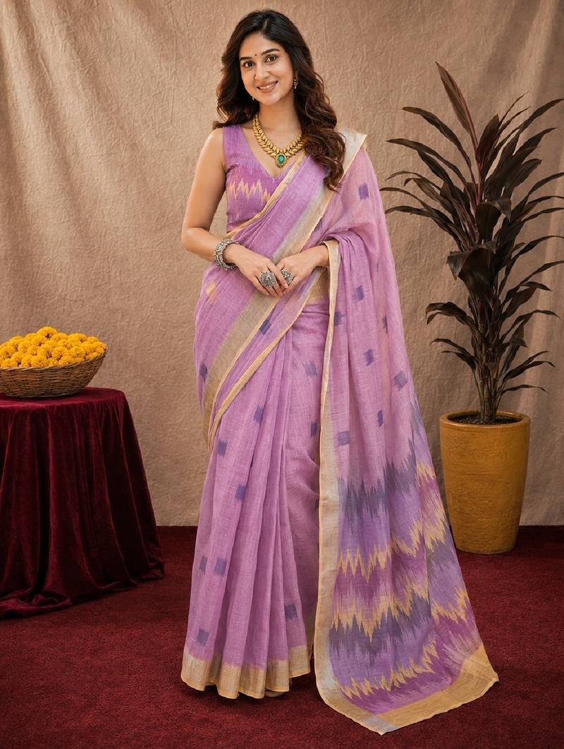lavender lilen print work 1 minute ready to wear saree with unstitched blouse piece