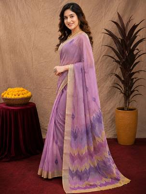 lavender lilen print work 1 minute ready to wear saree with unstitched blouse piece 3