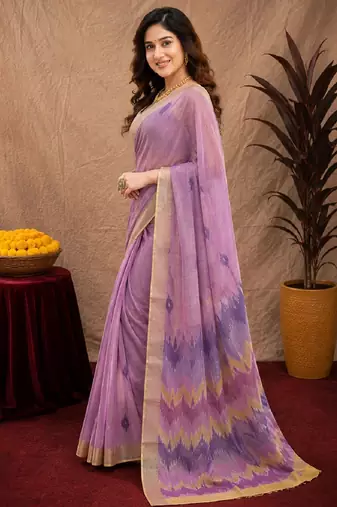 lavender lilen print work 1 minute ready to wear saree with unstitched blouse piece