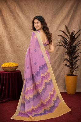 lavender lilen print work 1 minute ready to wear saree with unstitched blouse piece 4