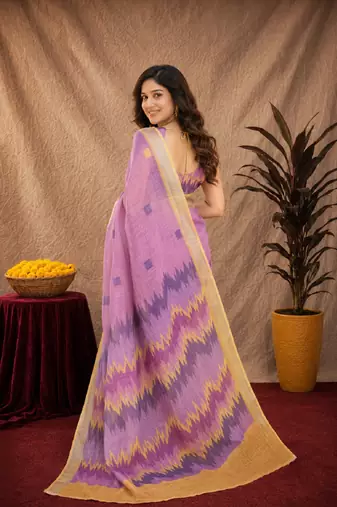 lavender lilen print work 1 minute ready to wear saree with unstitched blouse piece