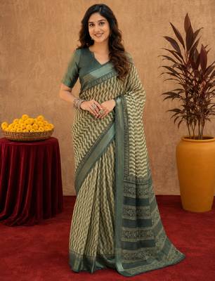 dusty teal lilen print work 1 minute ready to wear saree with unstitched blouse piece 1