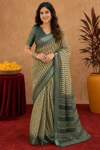dusty teal lilen print work 1 minute ready to wear saree with unstitched blouse piece