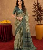 dusty teal lilen print work 1 minute ready to wear saree with unstitched blouse piece