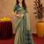 dusty teal lilen print work 1 minute ready to wear saree with unstitched blouse piece