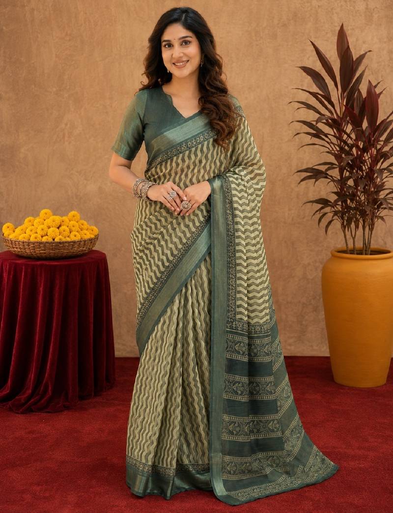 dusty teal lilen print work 1 minute ready to wear saree with unstitched blouse piece