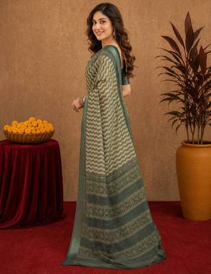 dusty teal lilen print work 1 minute ready to wear saree with unstitched blouse piece 2