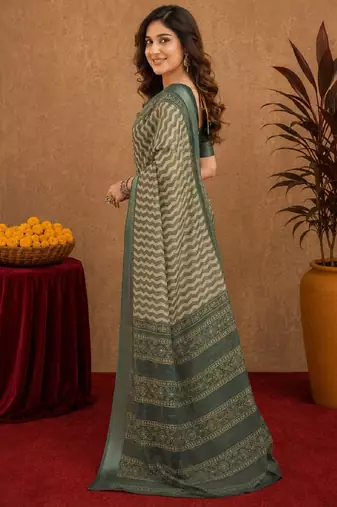 dusty teal lilen print work 1 minute ready to wear saree with unstitched blouse piece