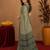 dusty teal lilen print work 1 minute ready to wear saree with unstitched blouse piece