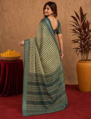dusty teal lilen print work 1 minute ready to wear saree with unstitched blouse piece 3