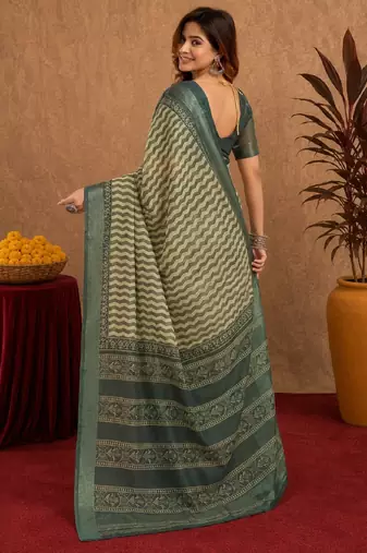 dusty teal lilen print work 1 minute ready to wear saree with unstitched blouse piece