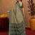 dusty teal lilen print work 1 minute ready to wear saree with unstitched blouse piece
