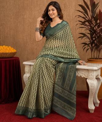 dusty teal lilen print work 1 minute ready to wear saree with unstitched blouse piece 4