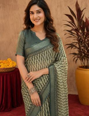 dusty teal lilen print work 1 minute ready to wear saree with unstitched blouse piece 5