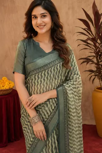 dusty teal lilen print work 1 minute ready to wear saree with unstitched blouse piece