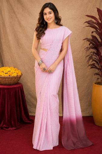 baby pink lilen print work 1 minute ready to wear saree with unstitched blouse piece