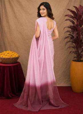 baby pink lilen print work 1 minute ready to wear saree with unstitched blouse piece 3