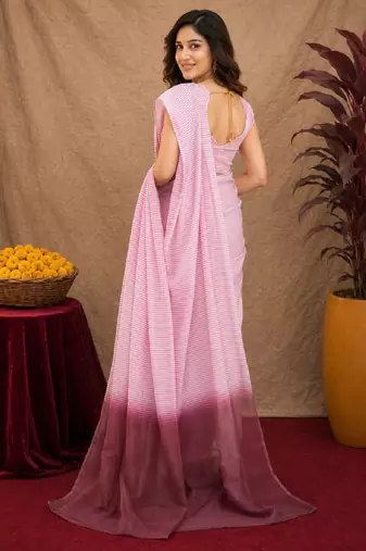 baby pink lilen print work 1 minute ready to wear saree with unstitched blouse piece