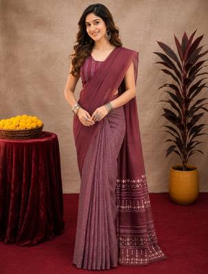 Wine lilen print work 1 minute ready to wear saree with unstitched blouse piece 1
