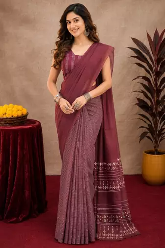 Wine lilen print work 1 minute ready to wear saree with unstitched blouse piece