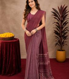 Wine lilen print work 1 minute ready to wear saree with unstitched blouse piece