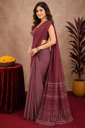 Wine lilen print work 1 minute ready to wear saree with unstitched blouse piece