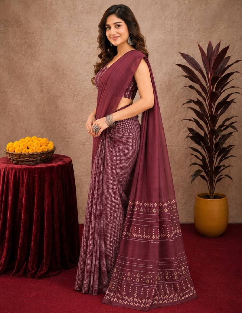 Wine lilen print work 1 minute ready to wear saree with unstitched blouse piece