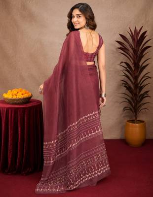 Wine lilen print work 1 minute ready to wear saree with unstitched blouse piece 3