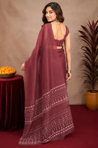 Wine lilen print work 1 minute ready to wear saree with unstitched blouse piece