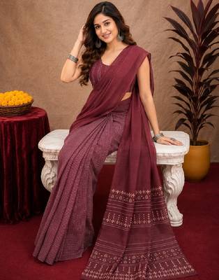 Wine lilen print work 1 minute ready to wear saree with unstitched blouse piece 4