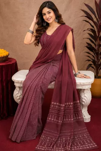 Wine lilen print work 1 minute ready to wear saree with unstitched blouse piece