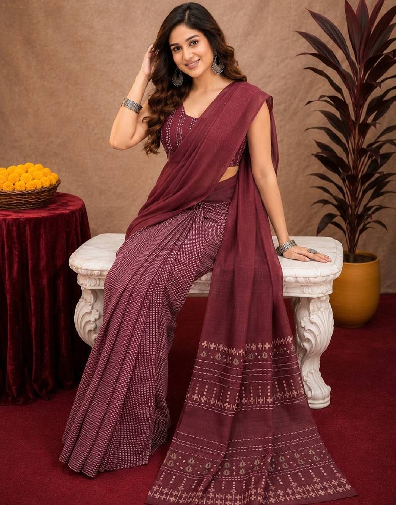 Wine lilen print work 1 minute ready to wear saree with unstitched blouse piece