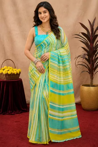 lemon lilen print work 1 minute ready to wear saree with unstitched blouse piece