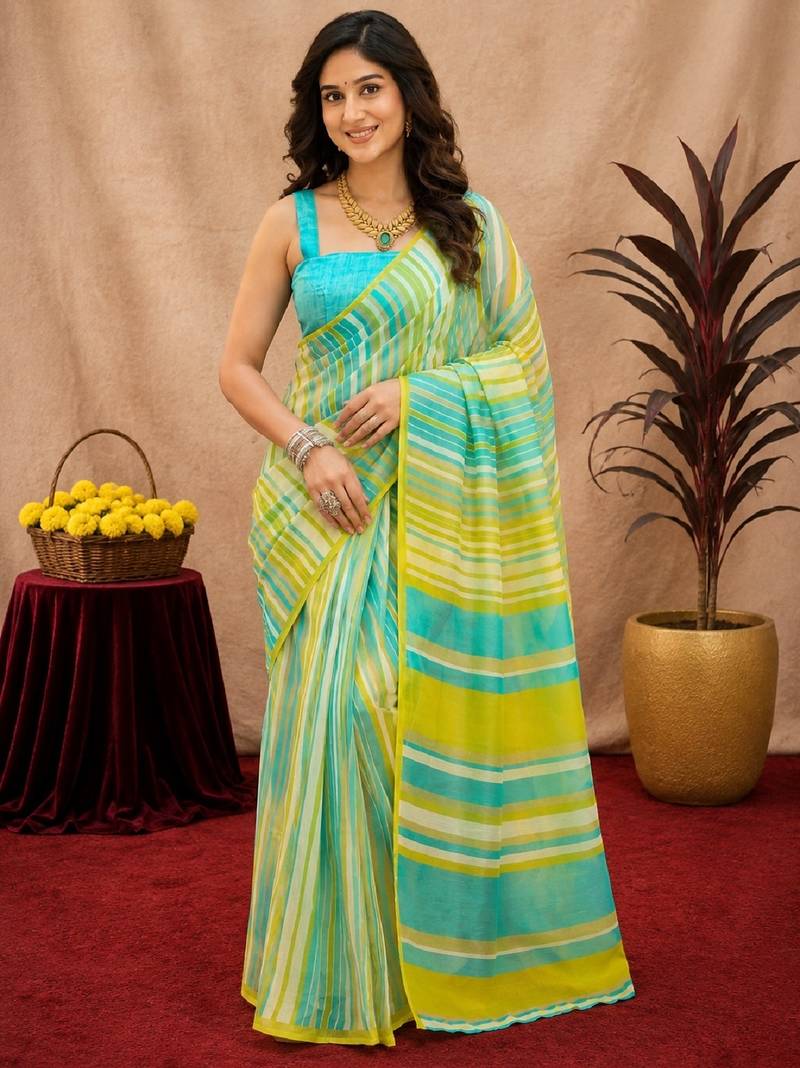 lemon lilen print work 1 minute ready to wear saree with unstitched blouse piece