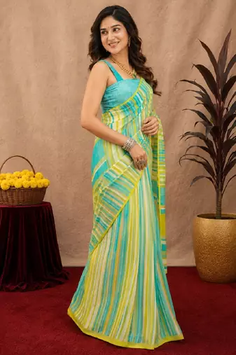 lemon lilen print work 1 minute ready to wear saree with unstitched blouse piece